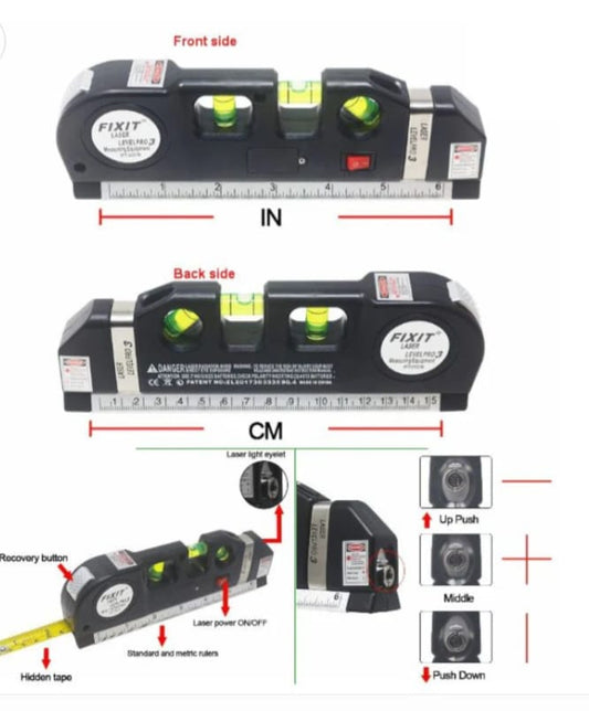 4-in-1 Fixit Laser Level Measuring Tool – With 8ft Tape, Triple Bubble Level